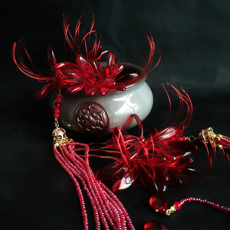 【忘相思】彼岸花发冠发簪汉服配饰红色古风手工发饰 红色【三生】