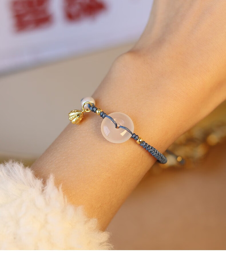 浙饰界白玛瑙平安扣福牌手链手作手工编织手绳简约学生礼物送闺蜜520