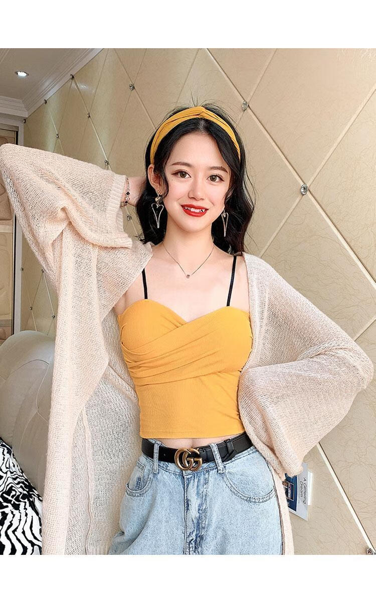 王心凌fhhuabd褶皱美背吊带小背心女生穿带胸垫透气性感吊带打底衫新