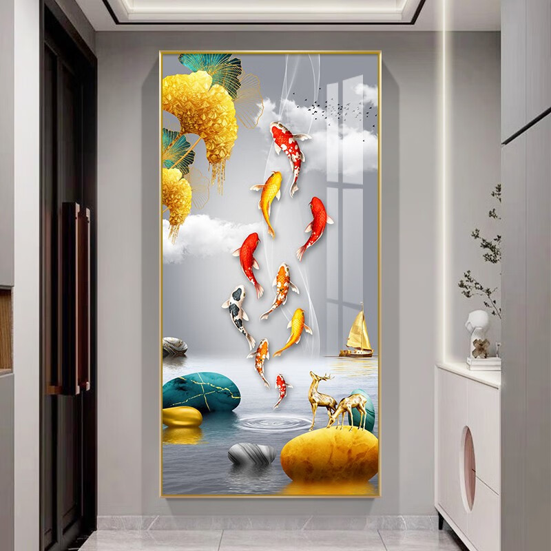 玄关装饰画九鱼图现代装饰画轻奢晶瓷镶钻客厅走廊过道挂画九鱼聚财