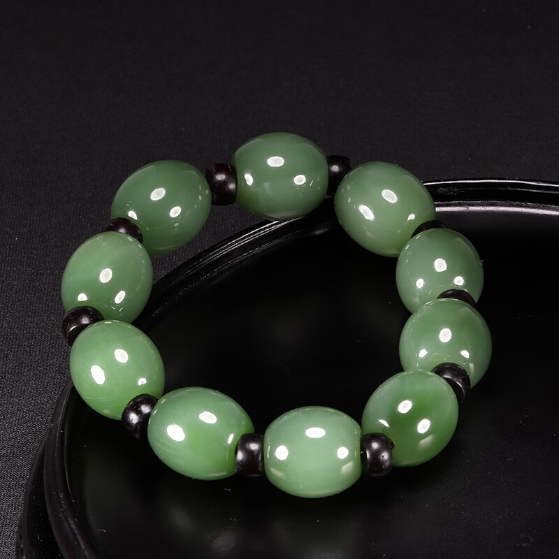 妙灵阁 新疆天然和田玉碧玉手串 冰底老料碧玉手链 碧玉桶珠转运珠