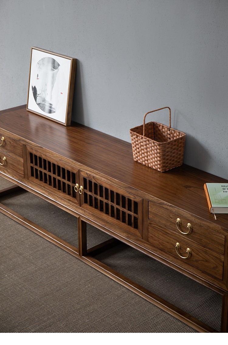 芬梵新中式电视柜全实木黑胡桃木简约中式电视机柜家用落地柜客厅视听