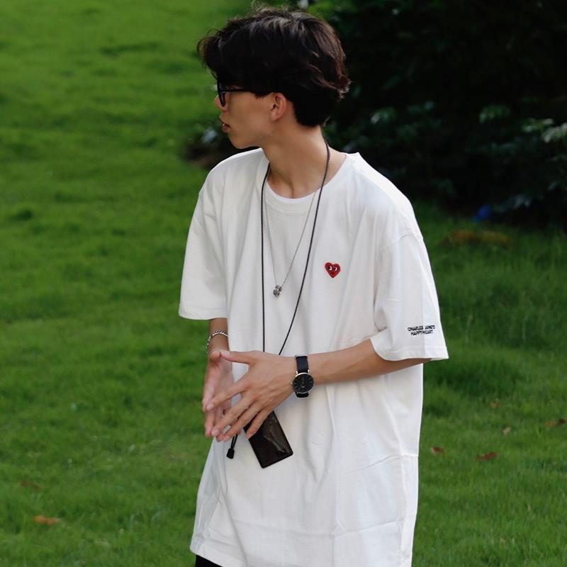 吴磊同款查尔斯桃心短袖t恤男女爱心情侣装纯色纯棉宽松上衣黑色s