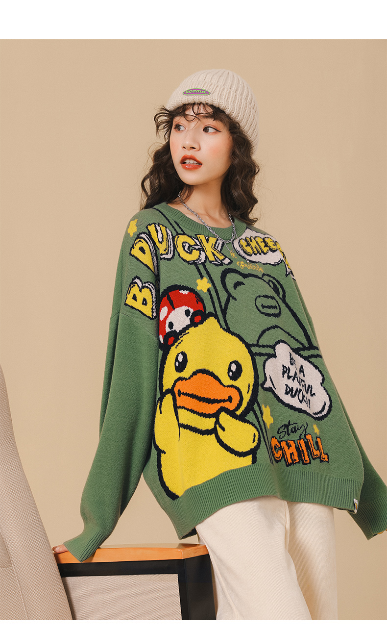 bduck小黄鸭女装提花毛衣年秋冬新款宽松甜美显白牛油果毛衫绿色m