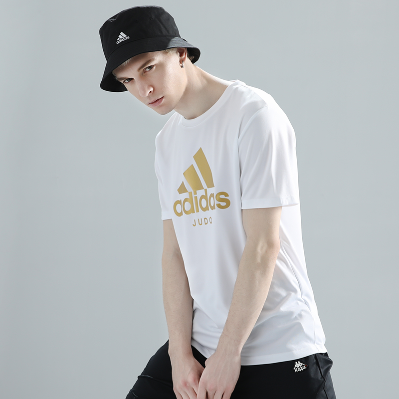 上衣 2022夏季新品运动服饰跑步训练半袖透气圆领休闲t恤 judo-白/金