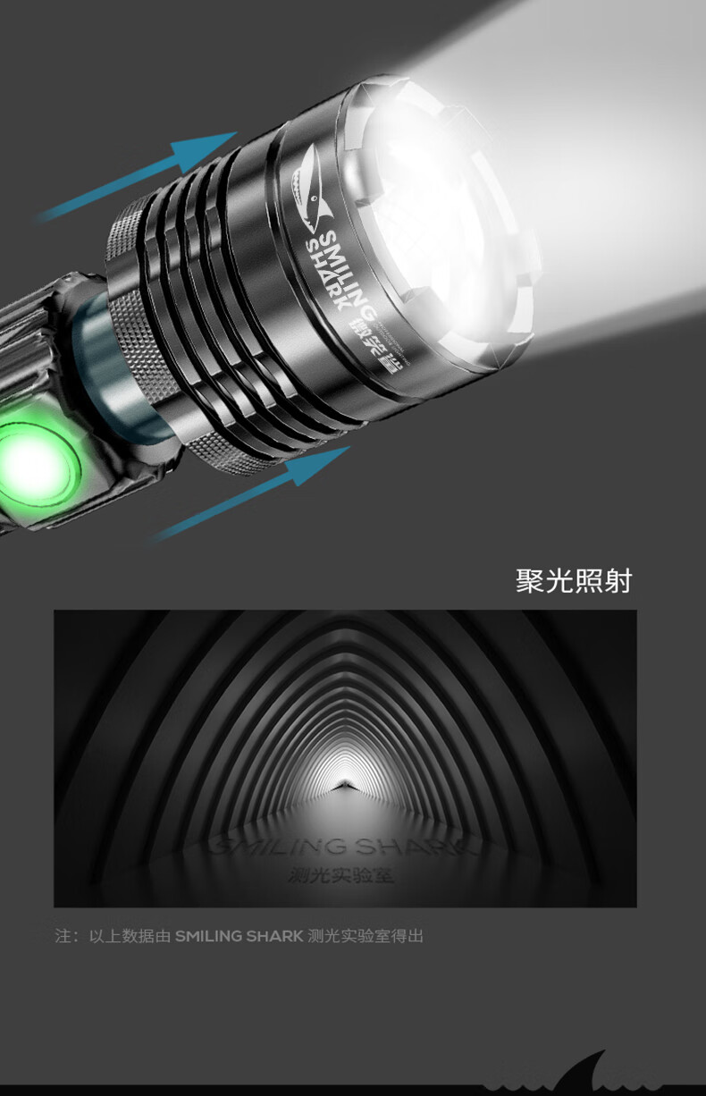 微笑鲨p70强光手电筒超亮远射多功能户外应急探照灯家用防水p70灯珠