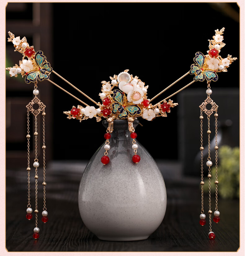 汉服头饰古风发饰发簪流苏簪子步摇套装坦领花朵头冠古装配饰耳钩款