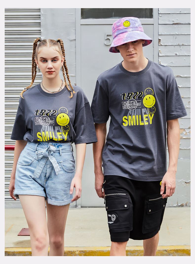 smiley笑脸t恤2022夏季新款圆领印花短袖半打底衫宽松装情侣时尚 灰色