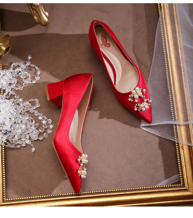 两穿冬季白色高跟鞋女粗跟结婚鞋子珍珠中跟单鞋白色45cm收藏先发货35