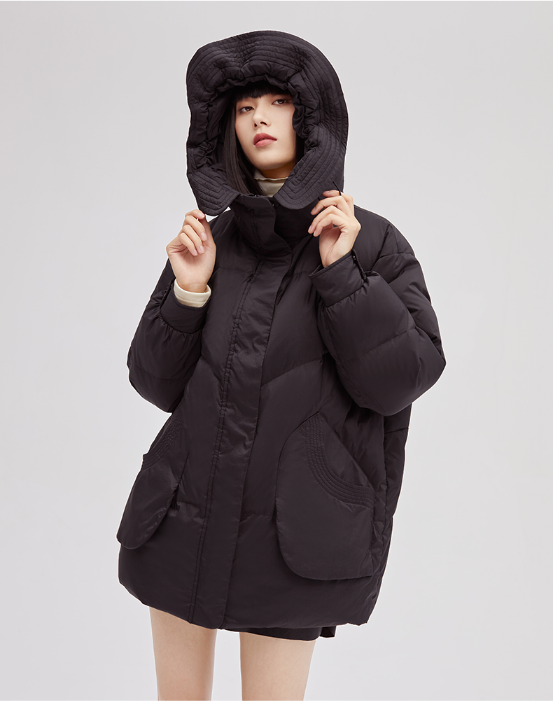 艾莱依羽绒服女2021年新款白鸭绒中长款高端白色连帽外套90白鸭绒蜜桔