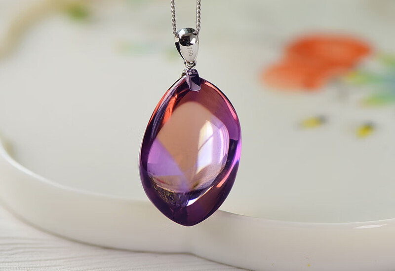 旭元天然水晶18k金镶天然紫黄晶水滴吊坠项链原石精雕小巧规格约