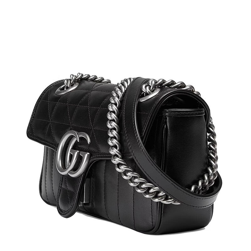 gucci古驰21秋冬新款ggmarmont系列女士迷你黑色复古银饰双g翻盖斜挎