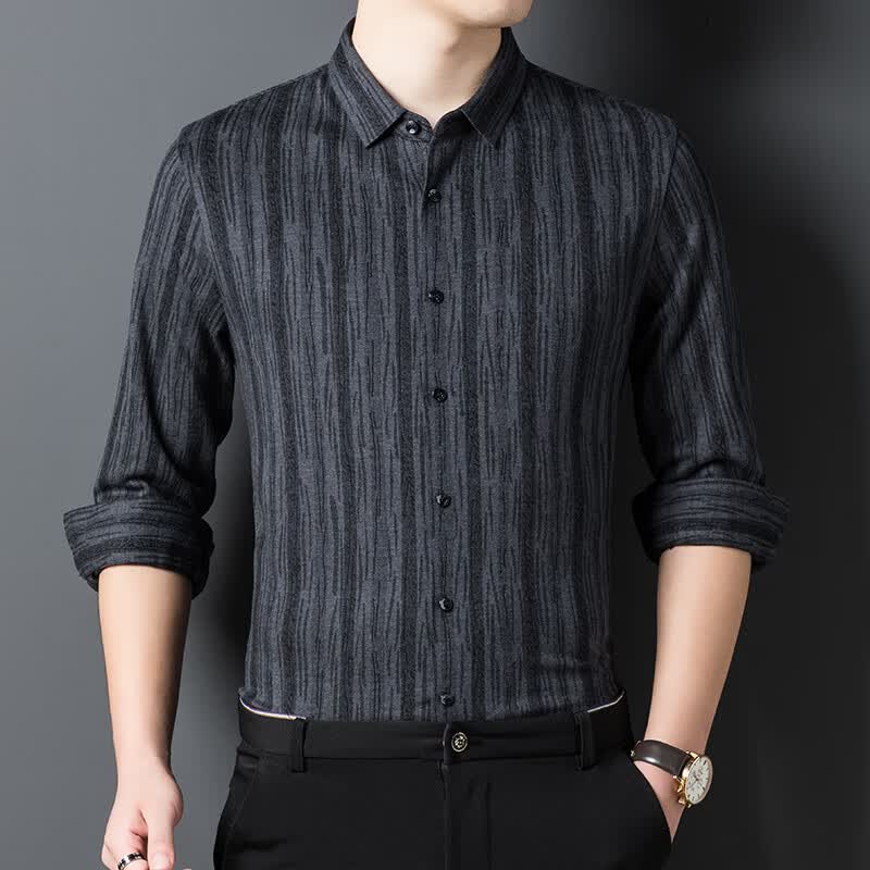 官网潮牌欧洲站轻奢高端秋冬感山羊绒衬衫男长袖爸爸商务休闲条纹衬衣