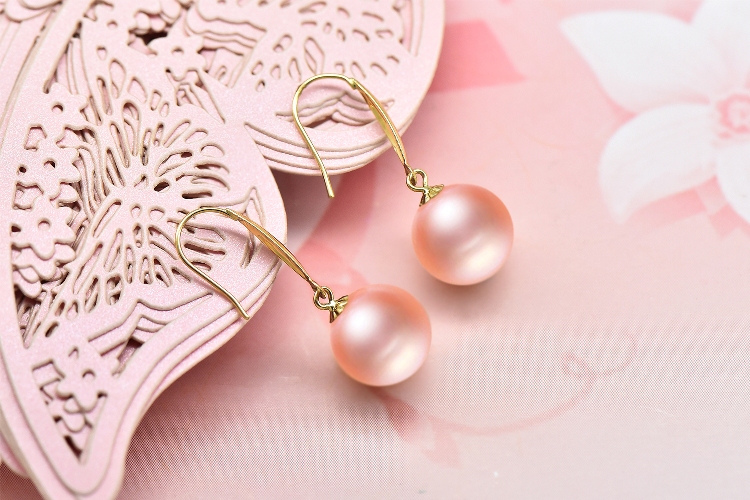 南珠世家滴水成珠橘粉色圆形淡水珍珠耳环18k金耳钩时尚精致耳饰送