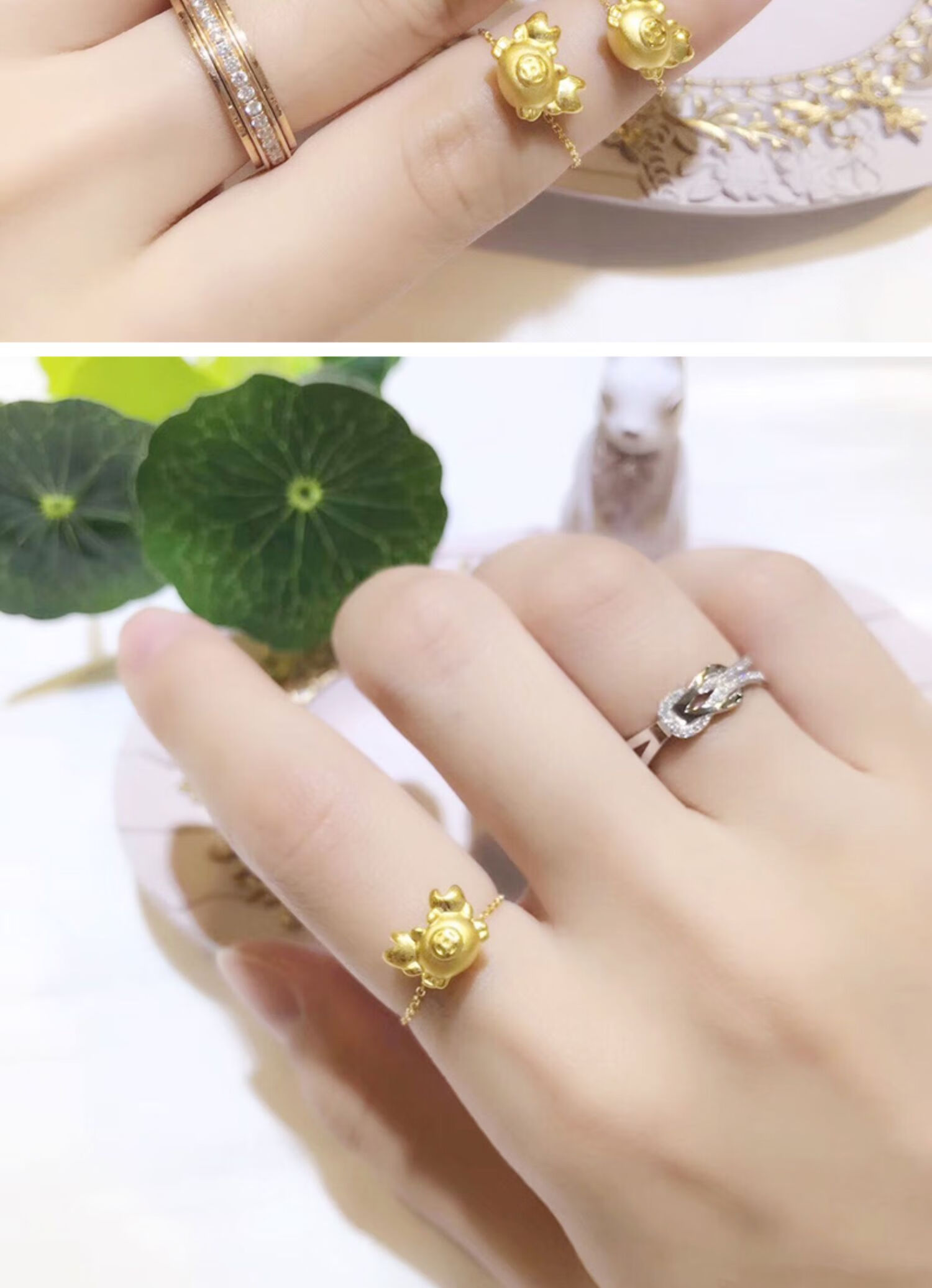 黄金3d硬金铜钱金螃蟹转运珠尾戒戒指女招财路路通可调节18k链戒 硬金