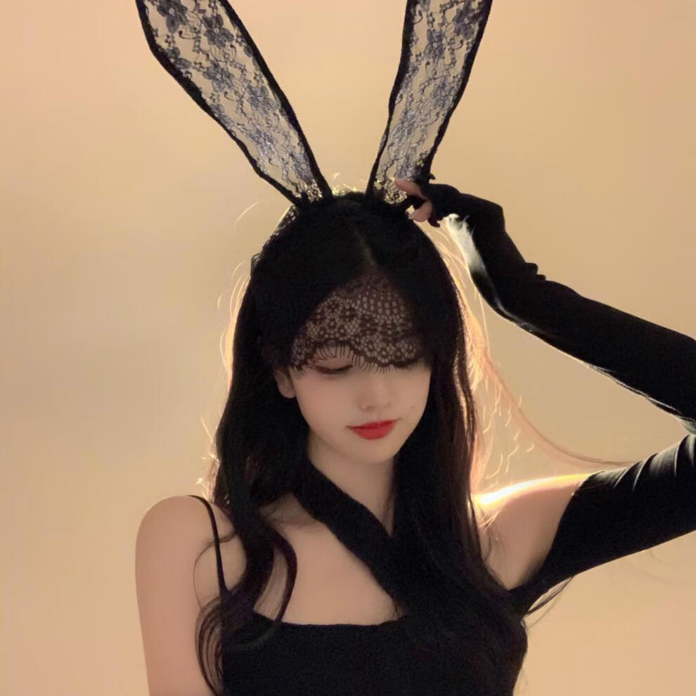 情趣发箍发卡性感甜不甜自拍蕾丝兔耳朵女韩国网红洗脸头箍发饰黑色兔