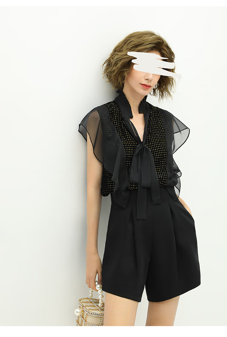 cocobella蝴蝶结飘带风琴领衬衫女夏优雅荷叶边气质上衣sr17黑色m