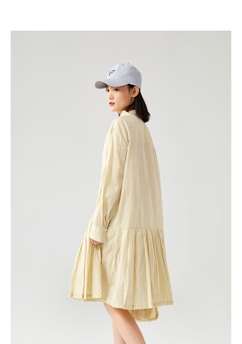 飞鸟和新酒长袖条纹连衣裙女2022春季新款宽松显瘦开襟短裙 条纹中黄