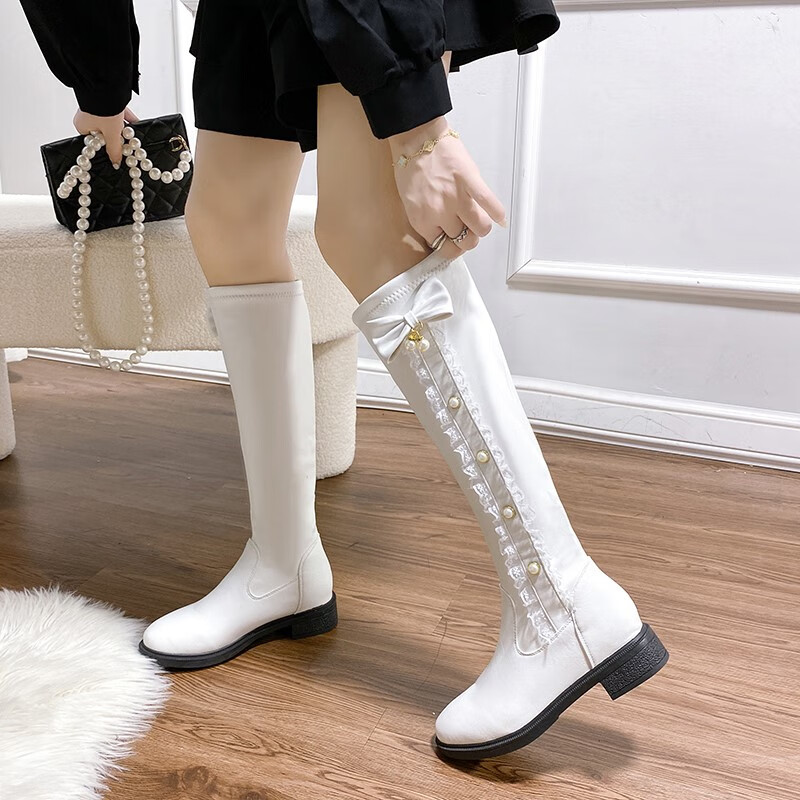 abckids女童鞋子冬季儿童长筒靴软底公主长靴时尚甜美皮面长靴平底