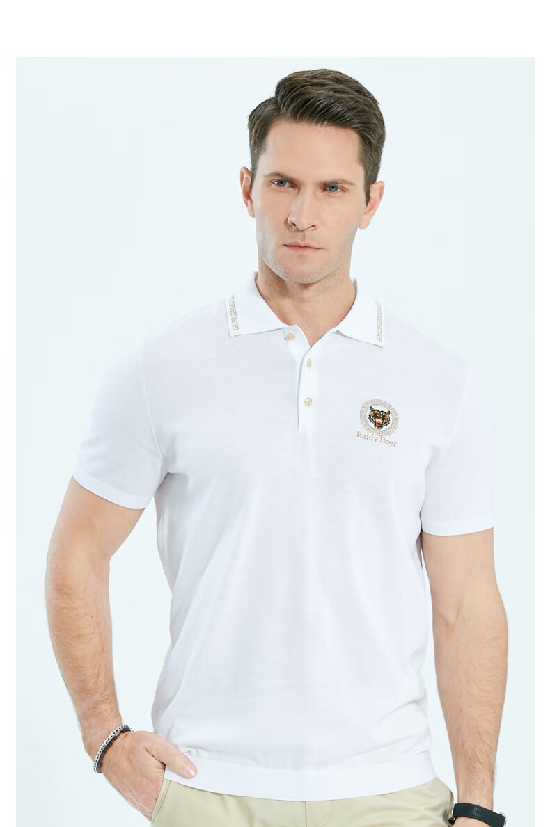 raidyboer雷迪波尔休闲夏新男含桑蚕丝烫钻图案翻领短袖t恤7009孔雀蓝