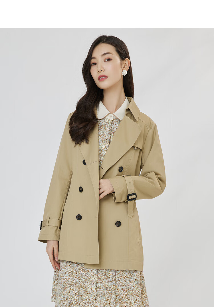 vgrass维格娜丝2022年春季新款双排扣风衣女士短款小个子宽松外套咖色