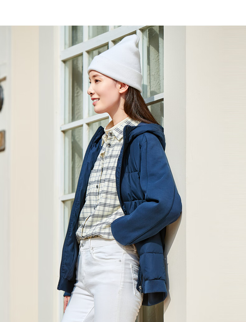 全棉时代女士连帽拉链纹理灯笼袖羽绒服休闲合身短外套藏蓝色160