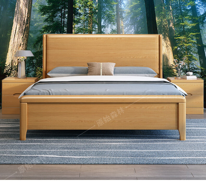 原始森林实木床现代北欧榉木双人床主卧婚床15米原木大床简约高箱储物