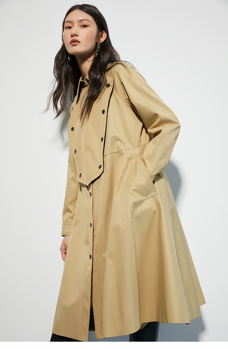 曼德诗豆绿色风衣女2022春季门襟挡风层次感廓形气质通勤宽松外套豆