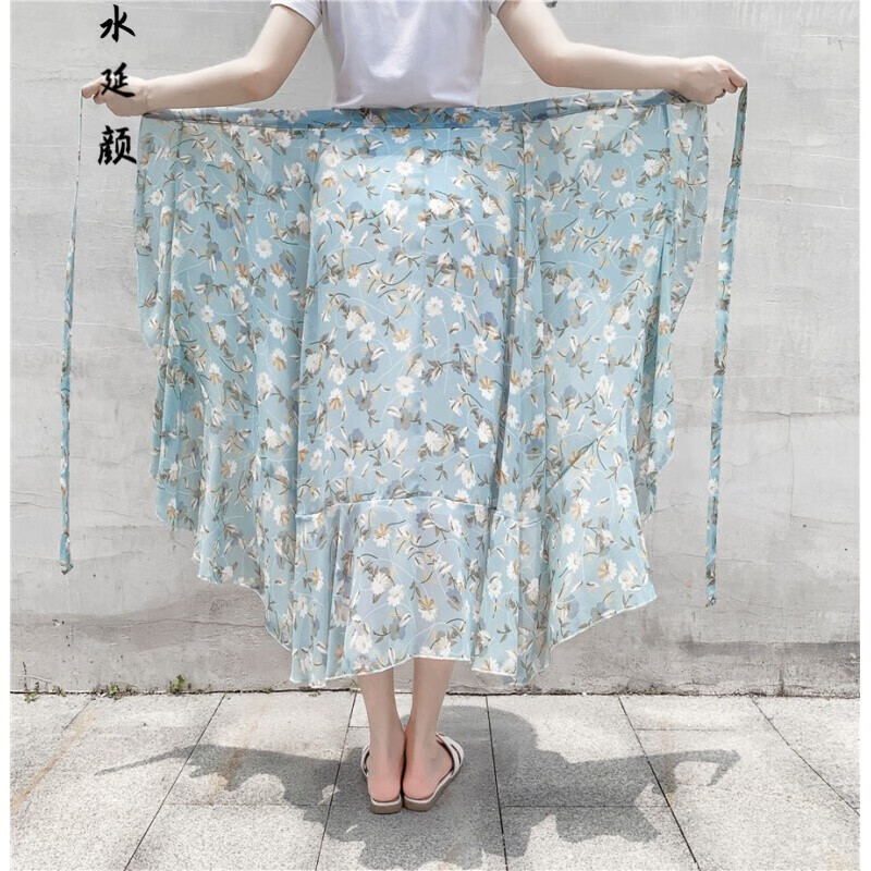 gioio一片式半身裙女夏裹群一片式雪纺半身裙女高腰荷叶边不规则碎花