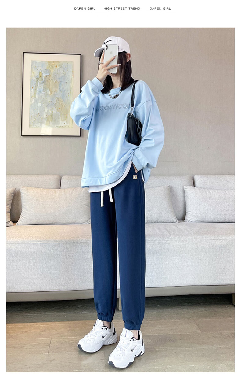 蓝色运动裤女春秋季2022年新款宽松显瘦束脚哈伦裤华夫格休闲卫裤 浅