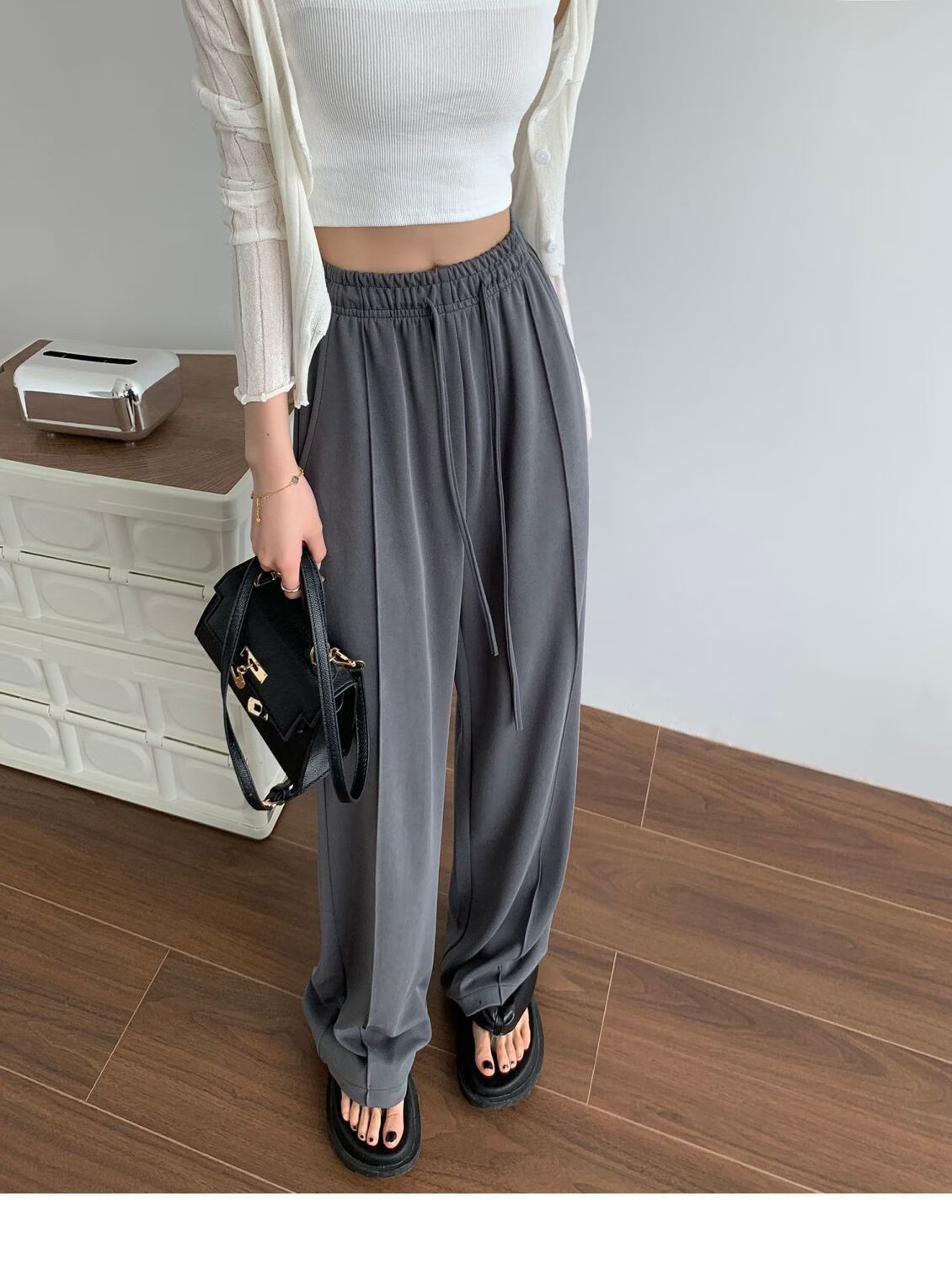 休闲裤女铜氨丝阔腿裤女学生夏季薄款高腰坠感宽松显瘦休闲抽绳直筒