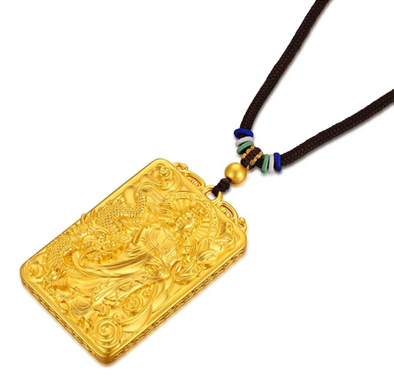 韩大福 黄金吊坠御龙观音菩萨项链挂坠 古法金观音方牌999.