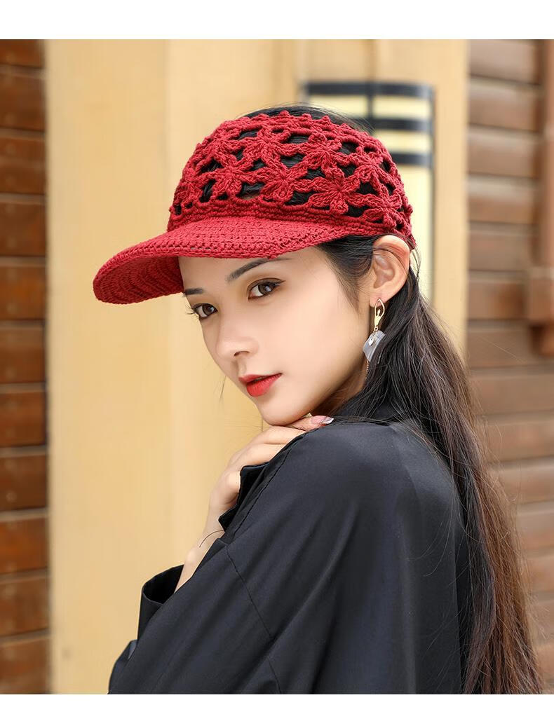 冒子春秋季春秋薄款镂空手工钩花帽子鸭舌针织百搭空顶帽女编织女士