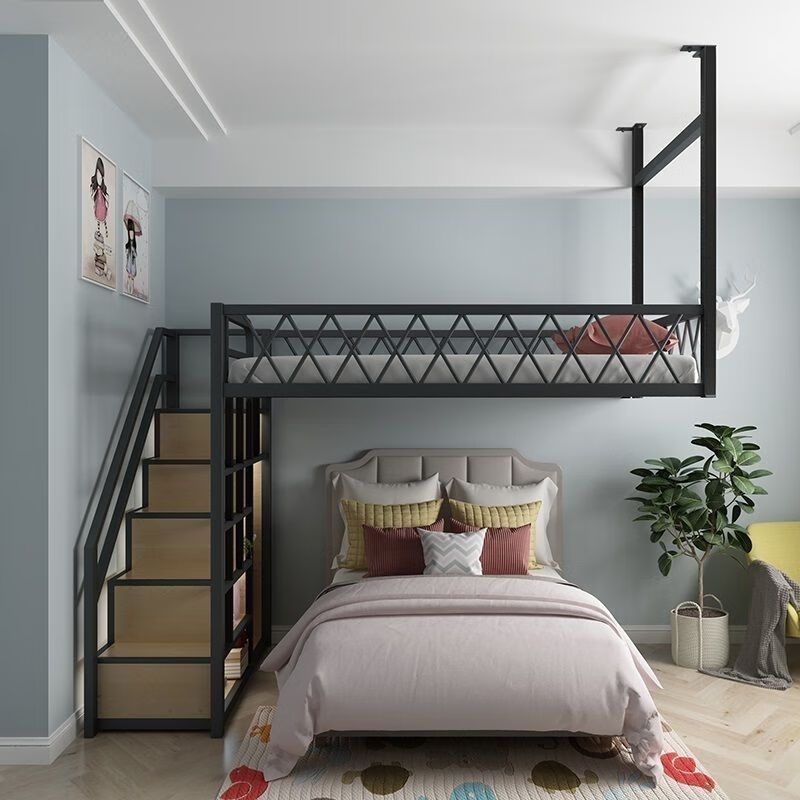 省空间高架床铁艺上床下沙发阁楼床复式上下吊床小户型成人高低床
