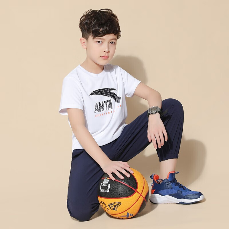 安踏儿童短袖男童t恤夏季款男孩纯棉短t中大童男潮童装 纯净白【1124