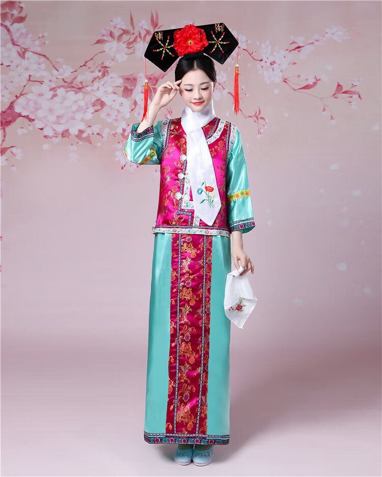 满族清朝还珠格格服装女清格古装旗服宫年会班服演出服 浅绿色 身高