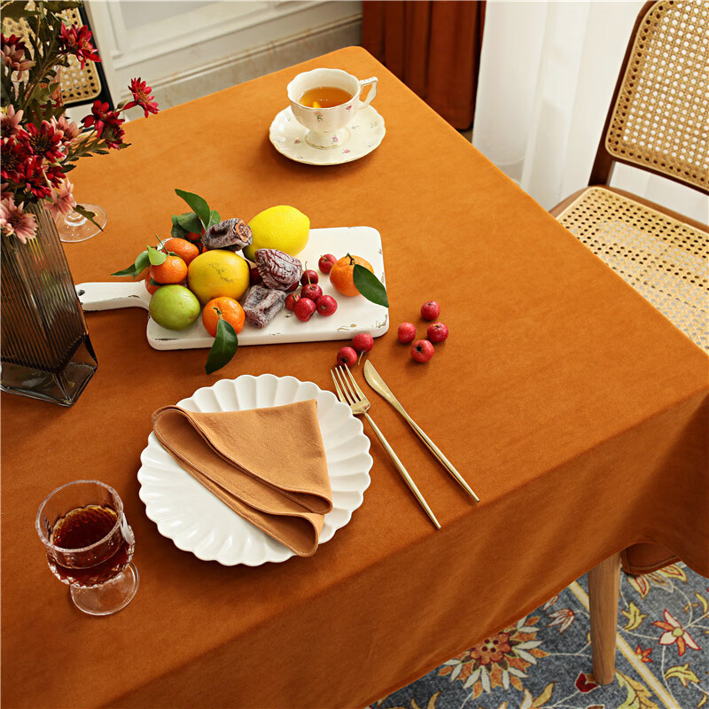 感橘色绒布西餐桌布复古典艺茶几黄色橙色长方形家用美式台布 冷静灰