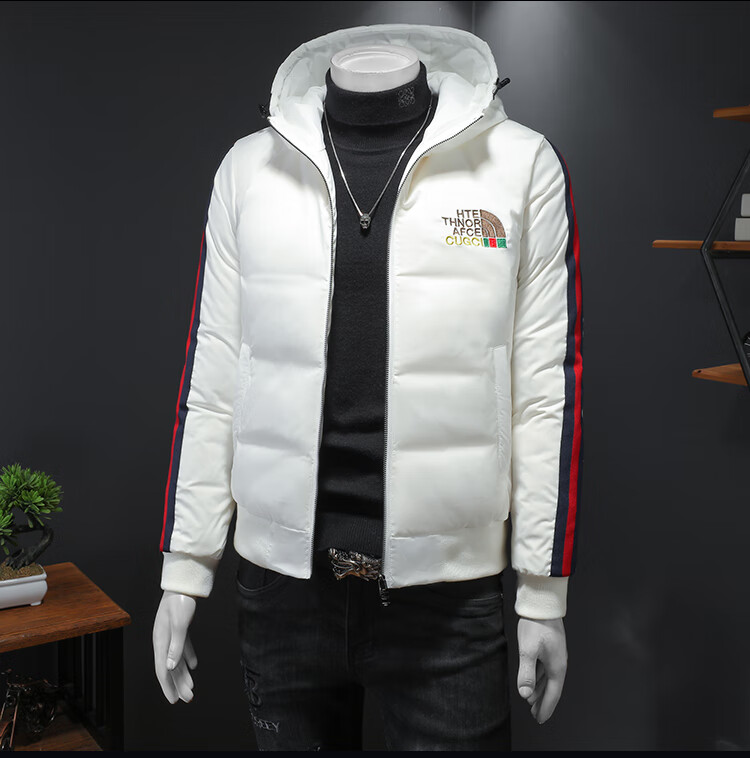 酷奇酷驰双g字母条纹刺绣连帽羽绒服男短款2022冬季男士潮牌修身白