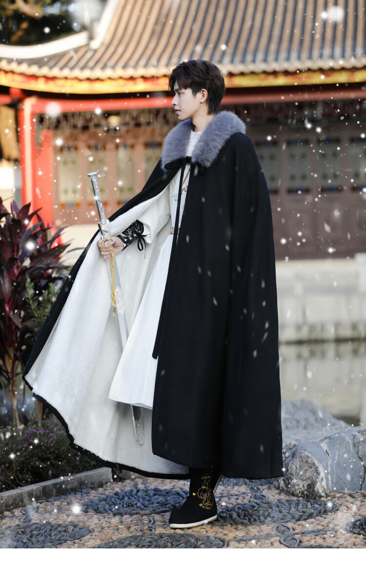 卡辑 古装汉服男冬装仙气加绒加厚长斗篷披风外套侠客武侠风刺绣圆领