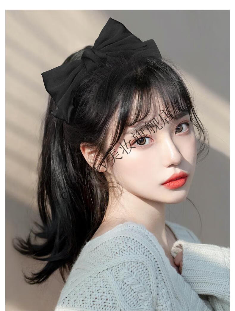 马尾假发女中长卷发网红蝴蝶结微卷假发马尾抓夹绑带式高马尾辫子红色