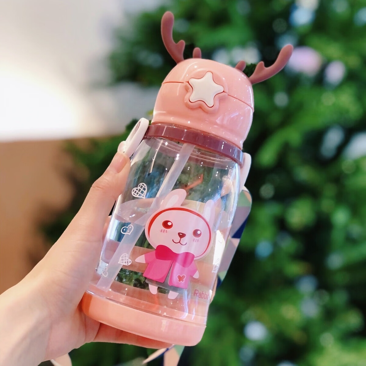 可爱卡通鹿角水壶儿童吸管杯学饮杯男女宝宝防漏摔小学生便携水杯深蓝