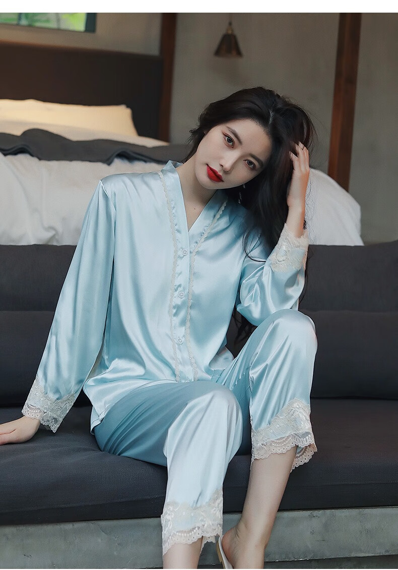 听棉冰丝睡衣女夏季凉爽仿真丝面料家居服长袖长裤套装可外穿女士两件