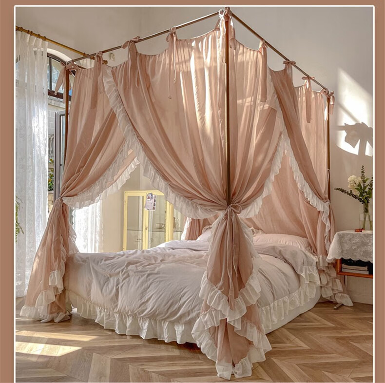 柚言家纺实木架子蚊帐床带框架欧式白色系绳子15帐纱18m宫廷民宿床幔