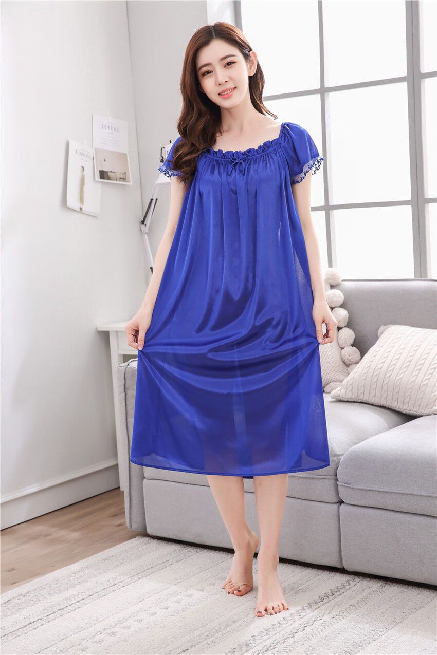 女士春夏季睡裙丝绸睡裙女夏季加宽松冰丝睡衣连衣裙夏天斤973深蓝m80
