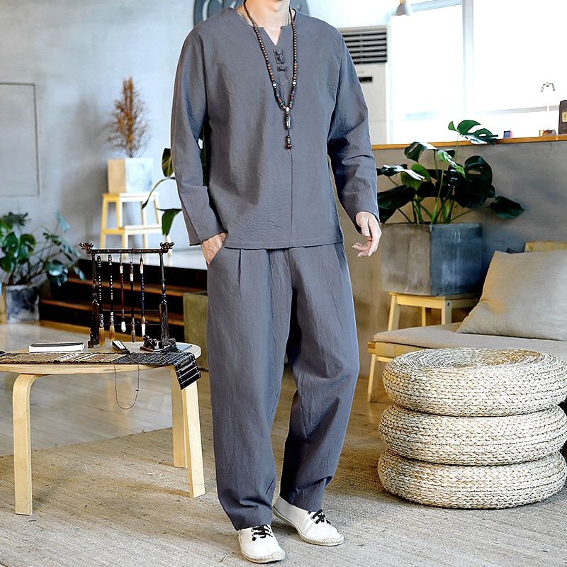 麻料麻布衣服男套装棉麻男士一套男士中国风棉麻宽松盘扣5分袖t恤灯笼