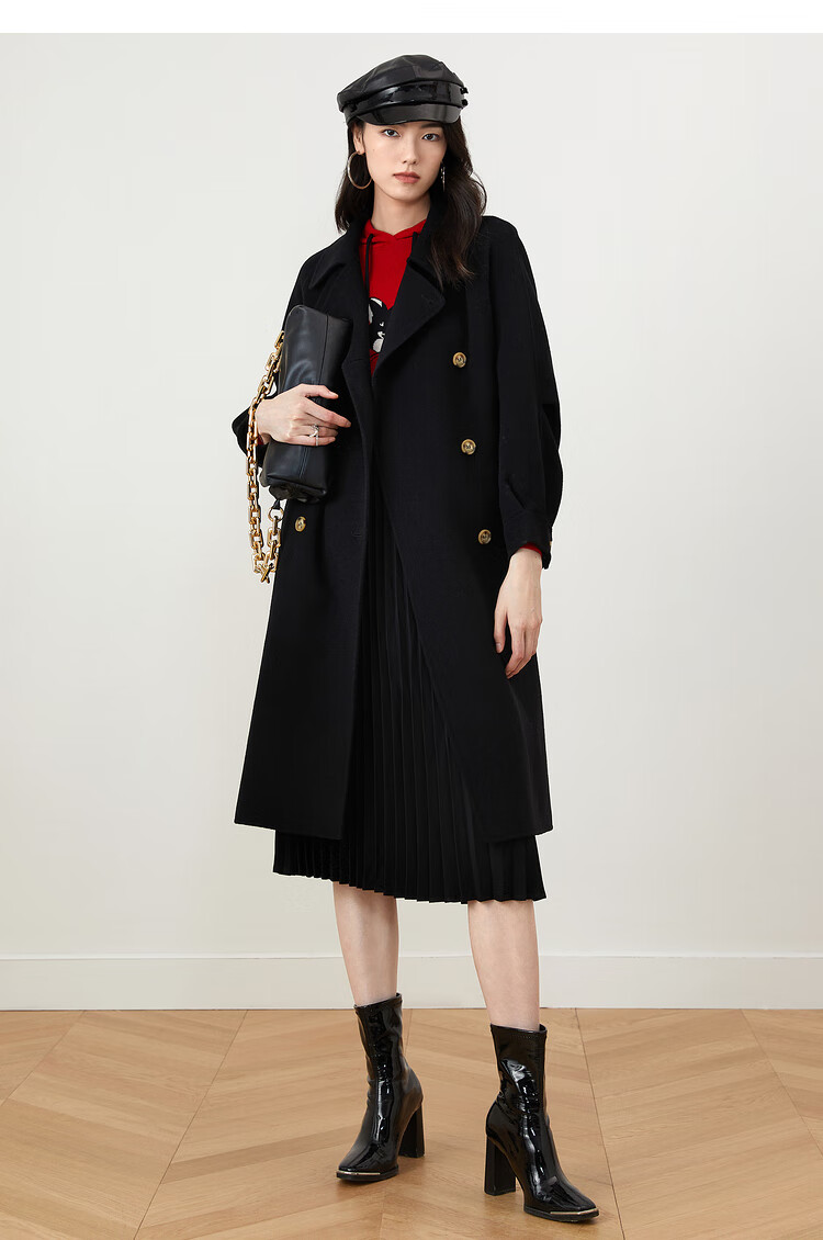 影儿yiner音儿女装2021冬季新款中长款纯羊毛双面呢大衣 黑色 38