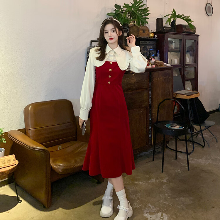 拉夏贝尔homme红色丝绒背带裙女装春秋季2022新款气质修身连衣裙高级