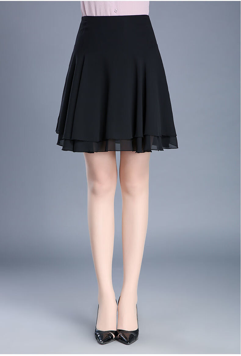双层雪纺短裙半身裙女高腰夏小个子百褶a字裙裙舞蹈黑裙子拉链腰s一尺