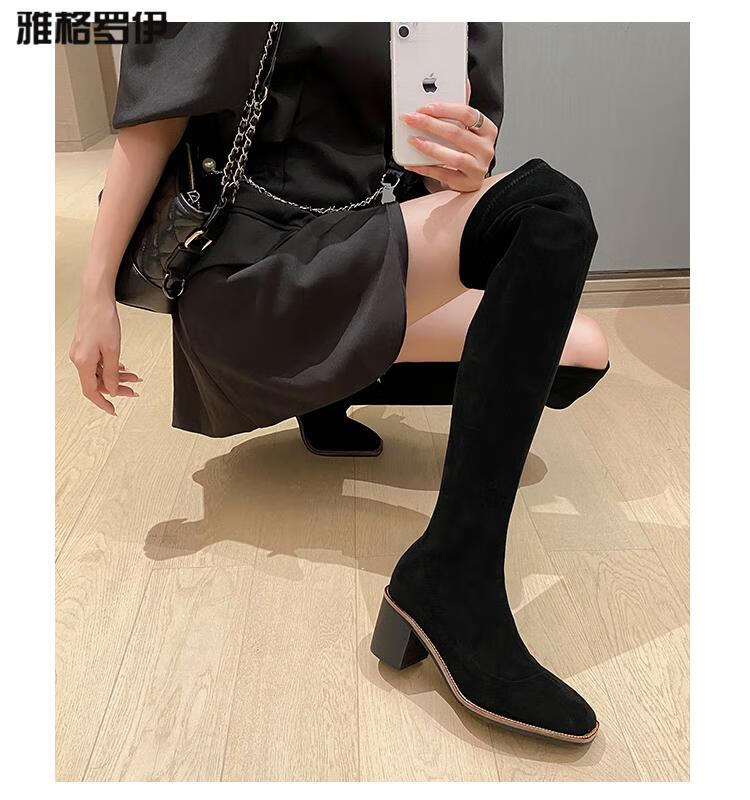 雅格罗伊 过漆长靴子女过膝盖皮高桶靴长靴加宽筒杏色秋冬胖mm弹力
