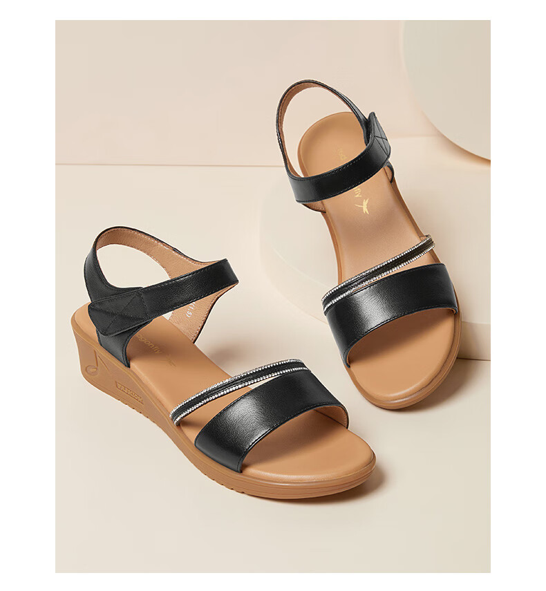 红蜻蜓一字带凉鞋女2022夏季新款百搭仙女风真皮软底凉鞋舒适坡跟平底